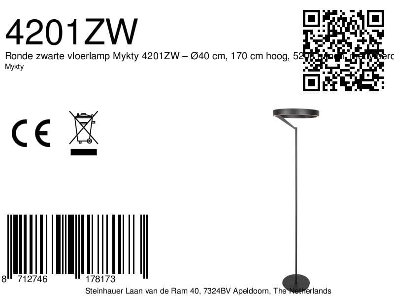 Ronde zwarte vloerlamp Mykty 4201ZW – Ø40 cm, 170 cm hoog, 5200 lumen, met vloerdimmer - Afbeelding 9