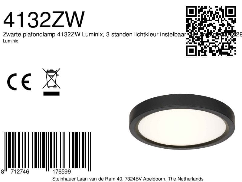 Zwarte plafondlamp 4132ZW Luminix, 3 standen lichtkleur instelbaarheid en dimbaar Ø29 cm - Afbeelding 8