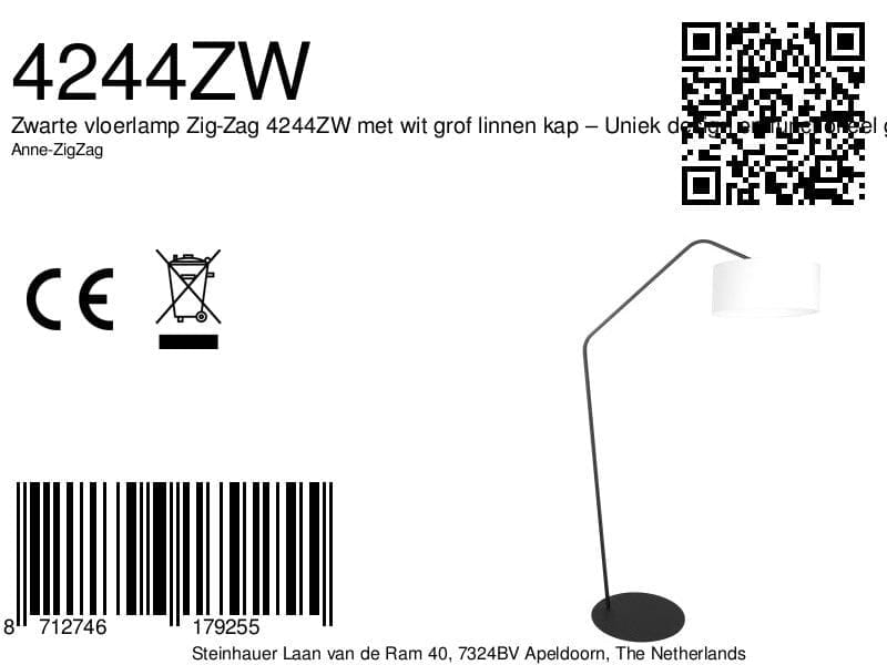 Zwarte vloerlamp Zig-Zag 4244ZW met wit grof linnen kap – Uniek design en functioneel gebruik - Afbeelding 7