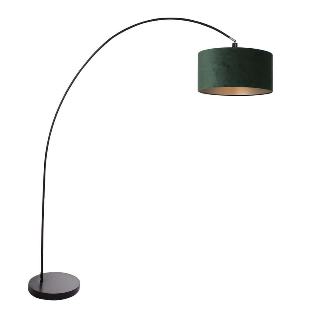 Booglamp Solva 3899ZW Zwart met een groen fluwelen lampenkap