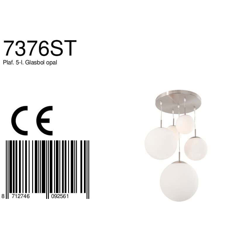 Hanglamp Bollique 7376ST staal 5 lichts met mat wit glas - Afbeelding 9