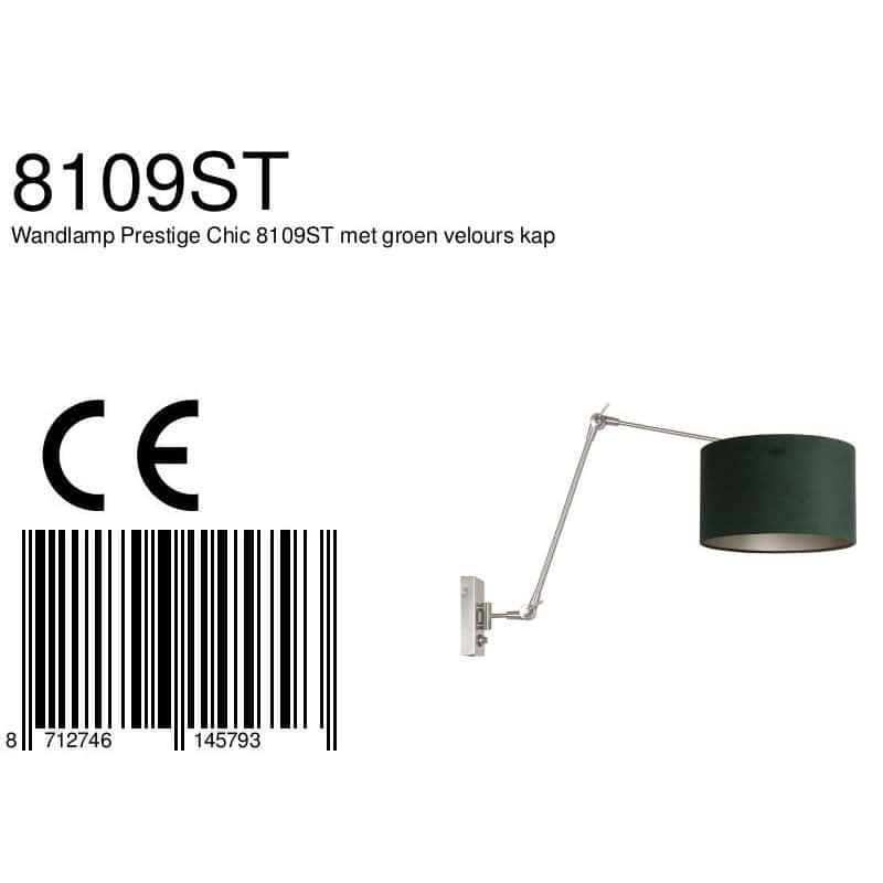 Staalkleurige wandlamp Prestige Chic 8109ST met groen velours kap - Afbeelding 7
