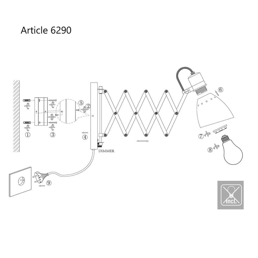 Wandlamp Spring 6290ZW zwart met E27 fitting en draaidimmer - Afbeelding 9
